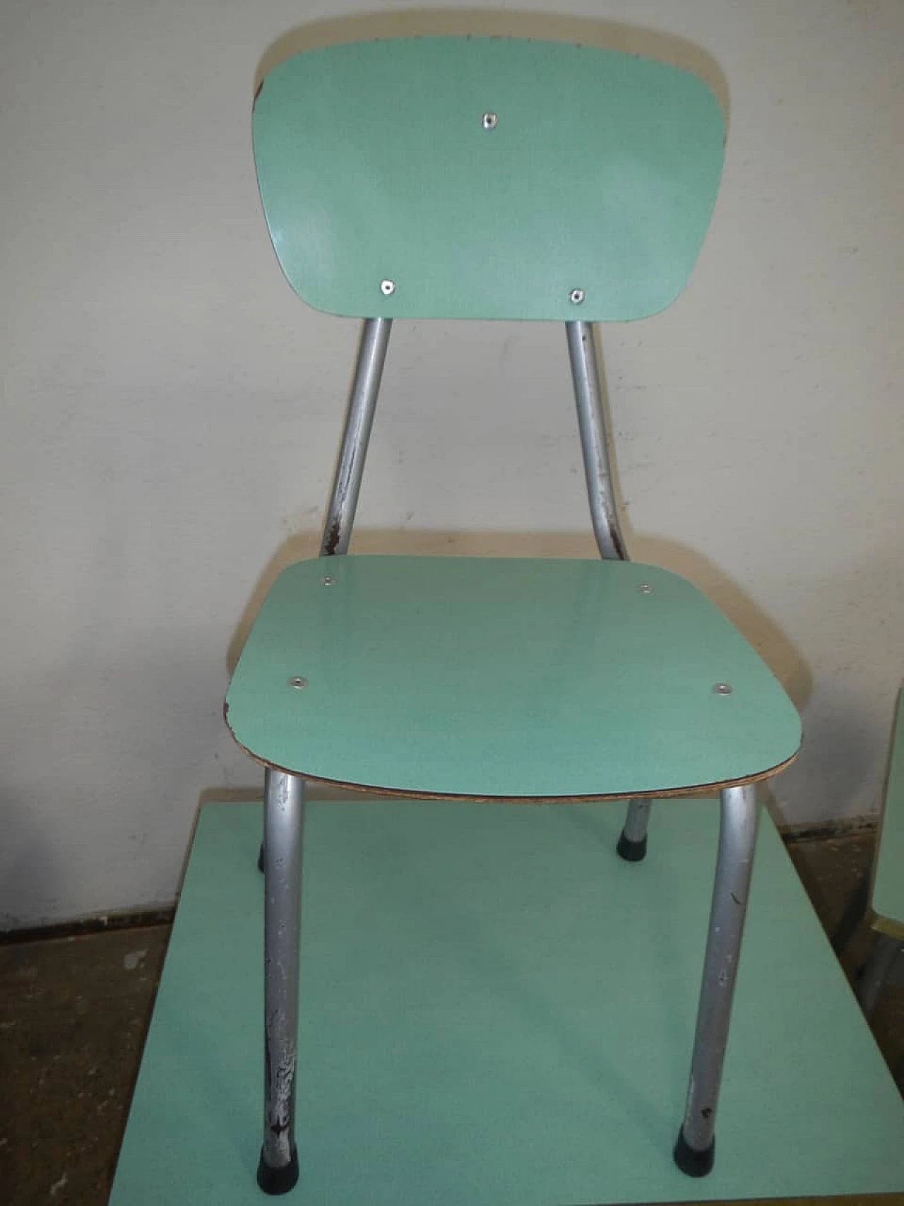 Pair of formica and metal school desks with chair, 1970s 4