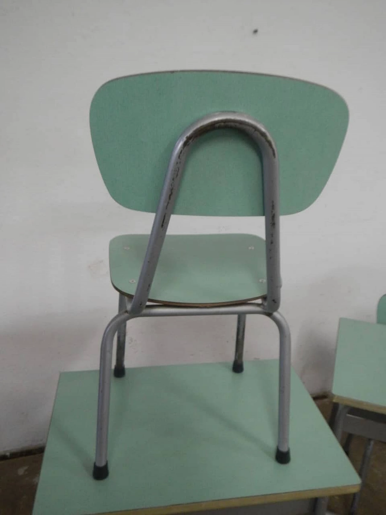 Pair of formica and metal school desks with chair, 1970s 7