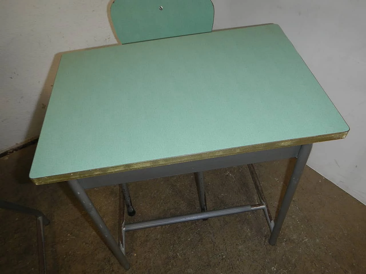 Pair of formica and metal school desks with chair, 1970s 8