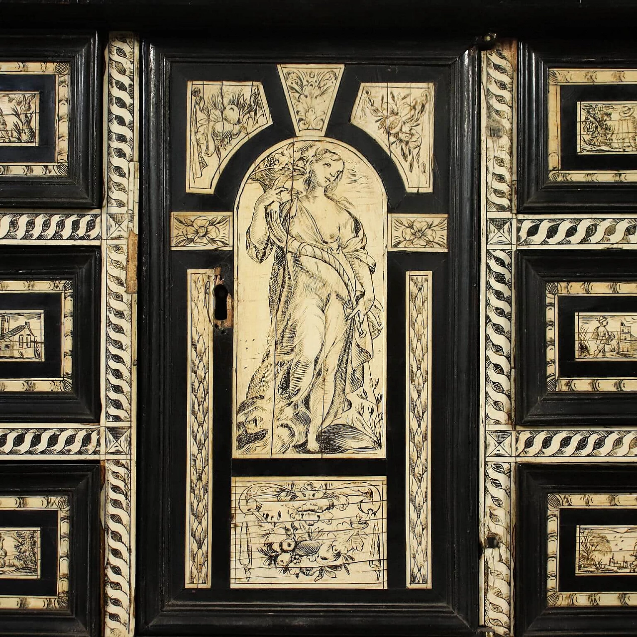 Neapolitan cabinet in ebony and ivory with allegorical figures, 17th century 10