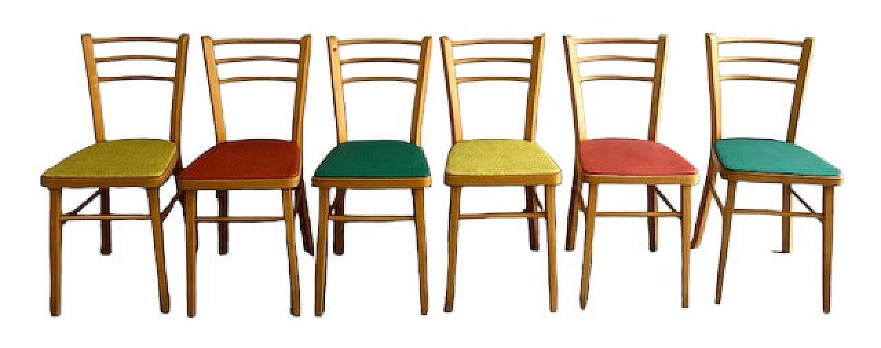 6 Chairs in wood and colored skai, 1960s 1