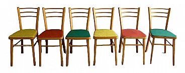 6 Sedie in legno e skai colorato, anni '60