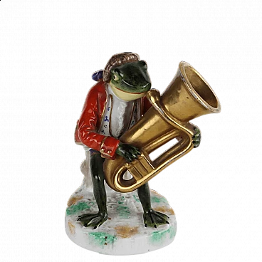 Statuina di rana con trombone in porcellana Sitzendorf, '800