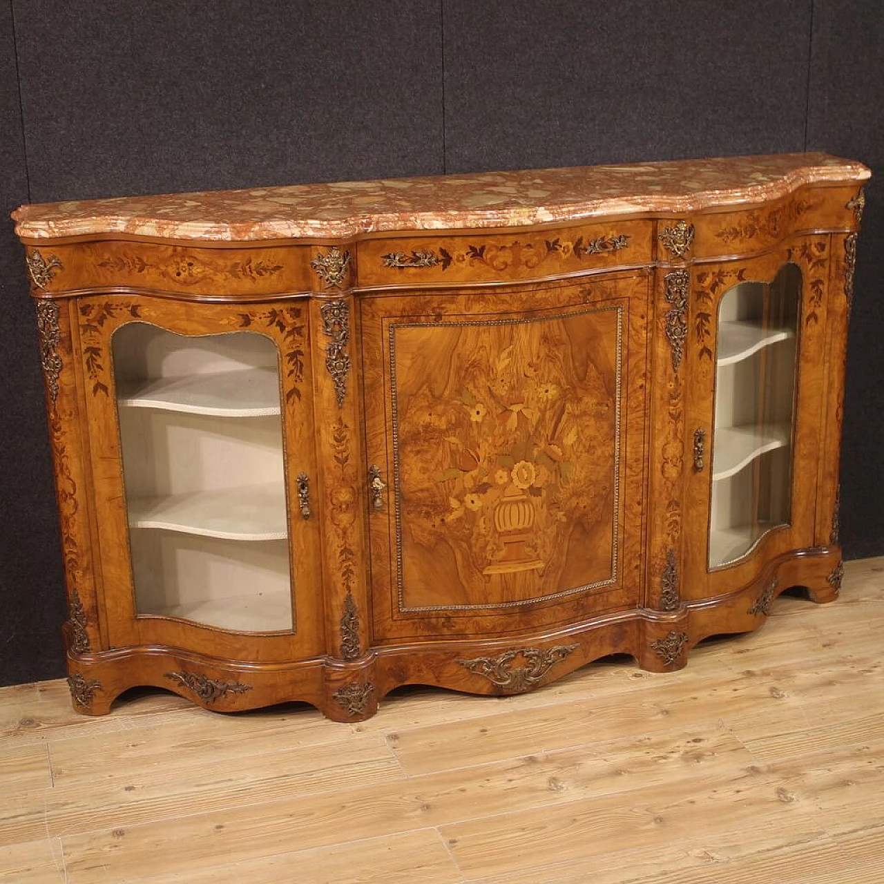 Walnut, olive and ebony inlaid sideboard in Napoleon III style, 1960s 1