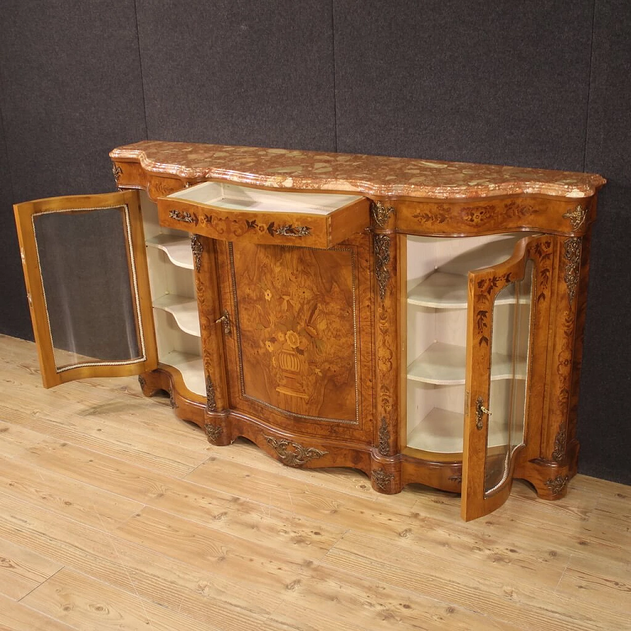 Walnut, olive and ebony inlaid sideboard in Napoleon III style, 1960s 3