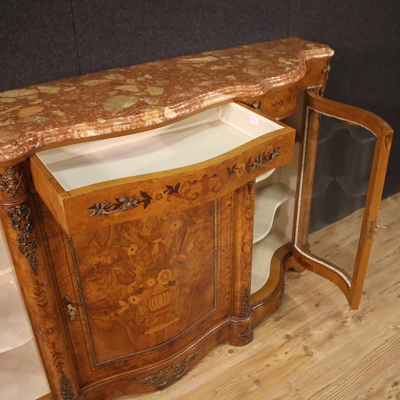 Walnut, olive and ebony inlaid sideboard in Napoleon III style, 1960s 5