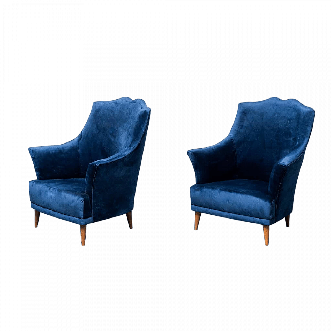 Pair of blue velvet armchairs in the style of Ico Parisi, 1950s 11
