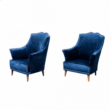 Pair of blue velvet armchairs in the style of Ico Parisi, 1950s
