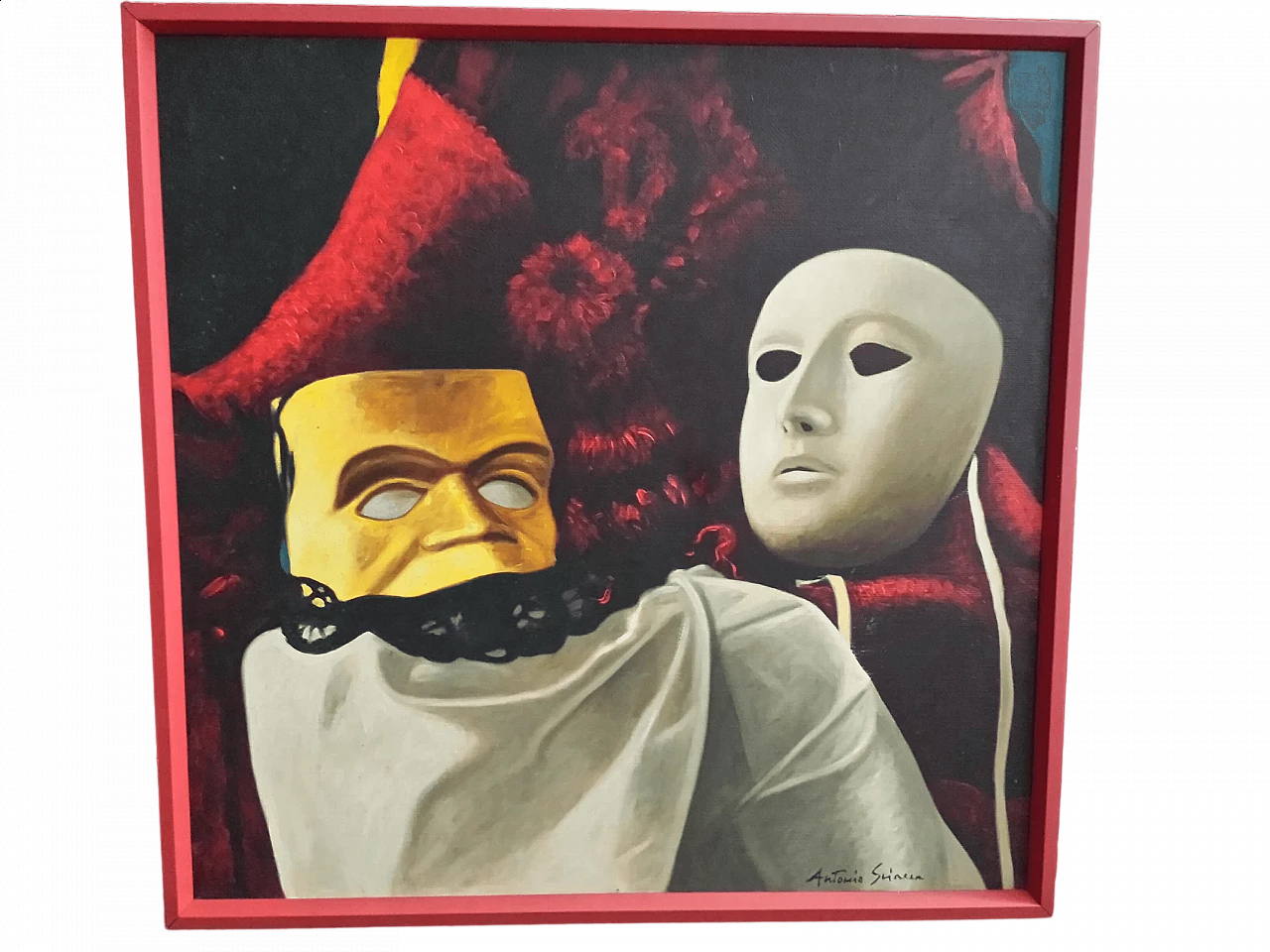 Antonio Sciacca, natura morta con maschere, dipinto a olio su tela 6