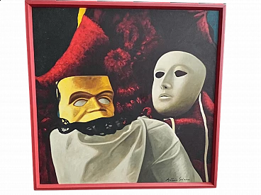 Antonio Sciacca, still life with masks, oil painting on canvas