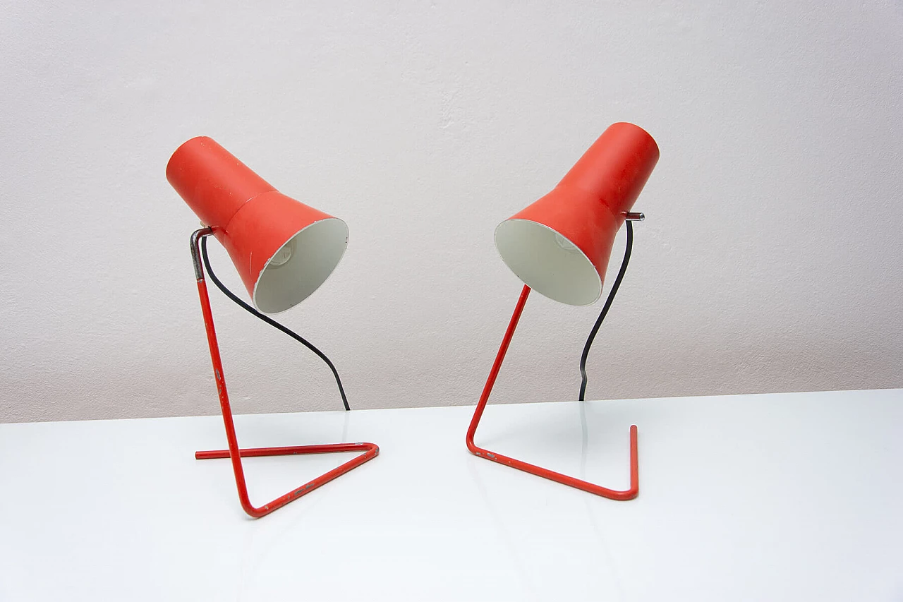 Pair of red metal table lamps by Josef Hurka for Napako, 1960s 2