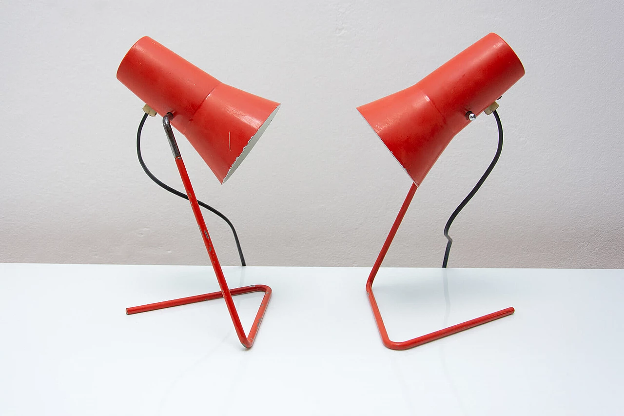 Pair of red metal table lamps by Josef Hurka for Napako, 1960s 3