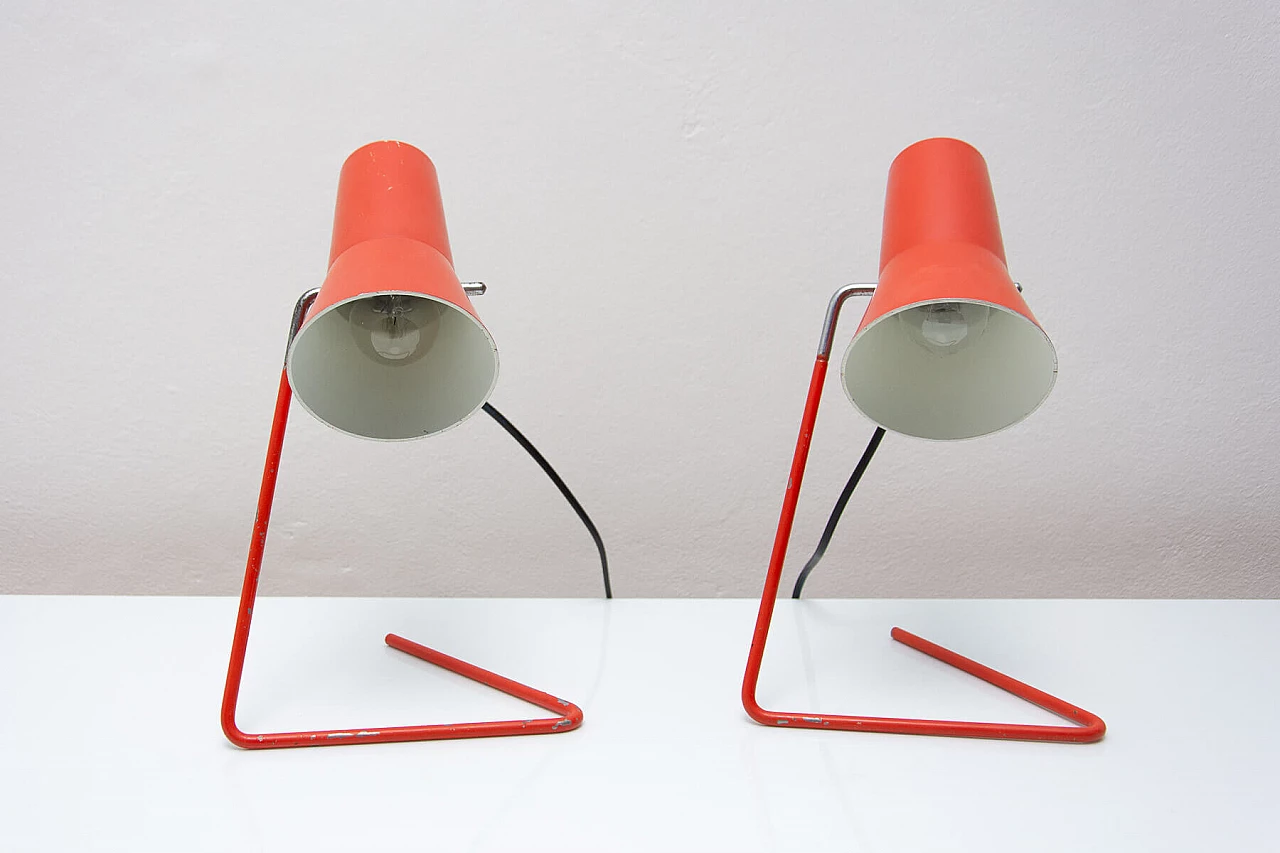 Pair of red metal table lamps by Josef Hurka for Napako, 1960s 4