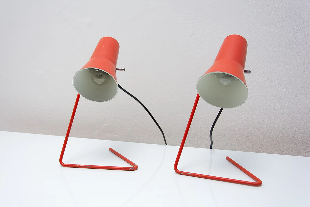 Pair of red metal table lamps by Josef Hurka for Napako, 1960s 5