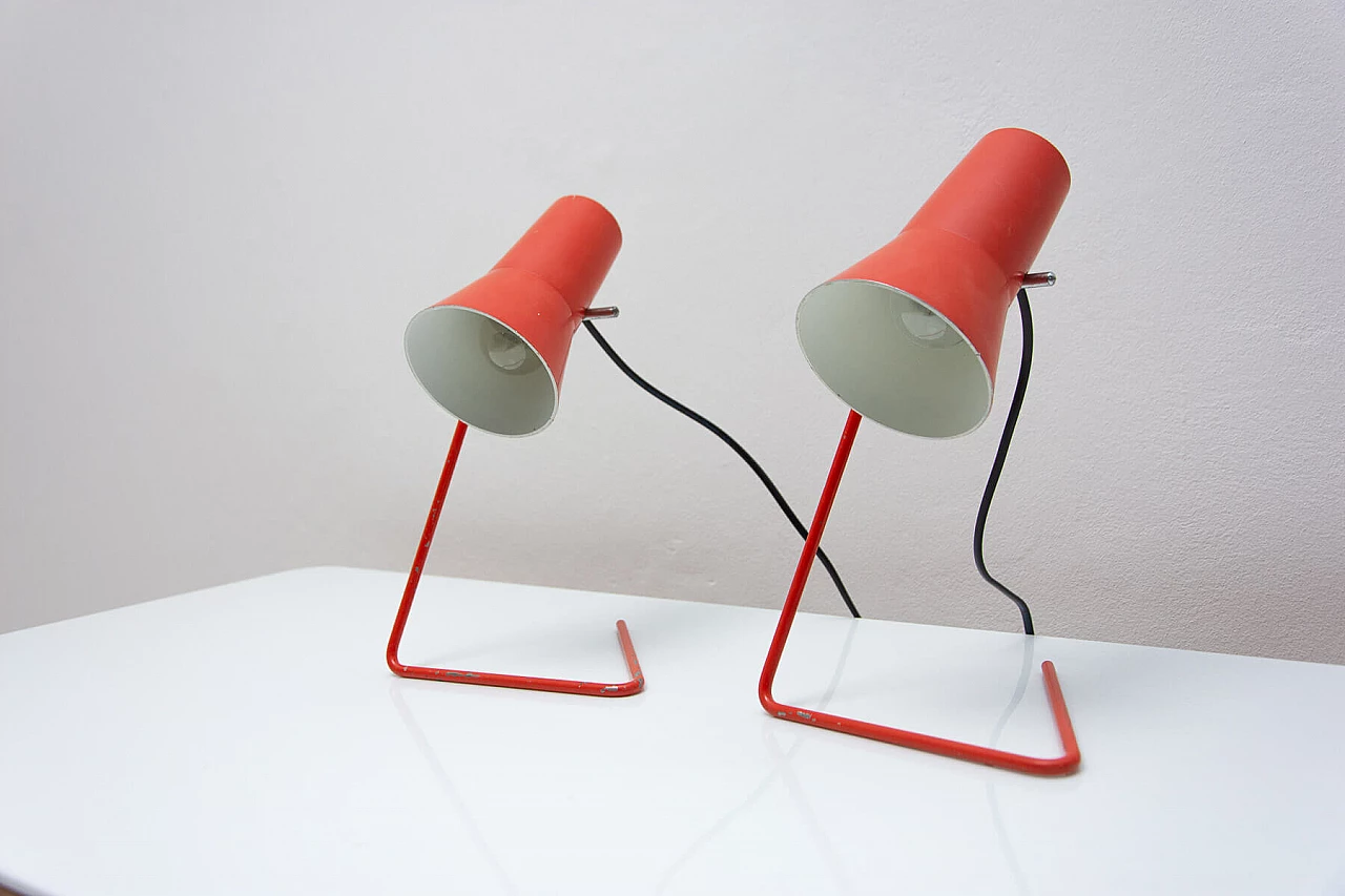 Pair of red metal table lamps by Josef Hurka for Napako, 1960s 6