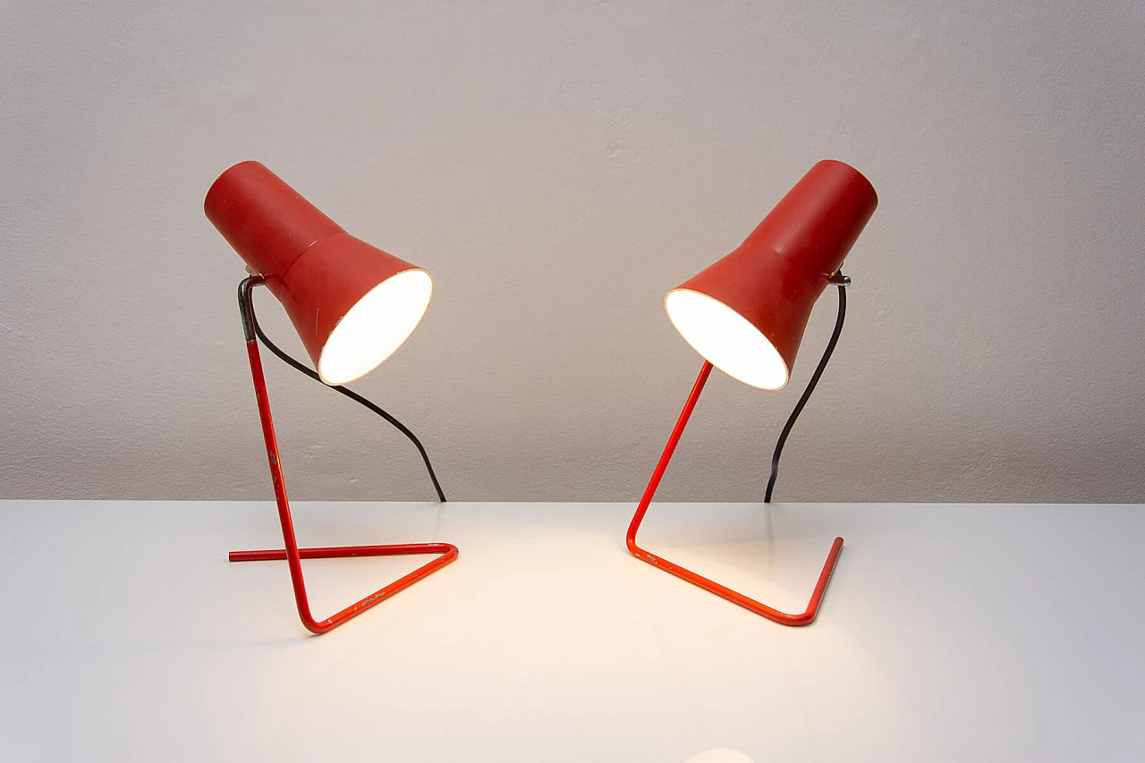 Pair of red metal table lamps by Josef Hurka for Napako, 1960s 16