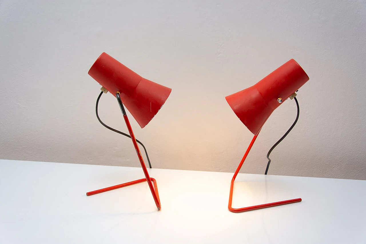 Pair of red metal table lamps by Josef Hurka for Napako, 1960s 17