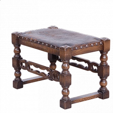 Medieval Spanish style wood and leather stool, early 20th century