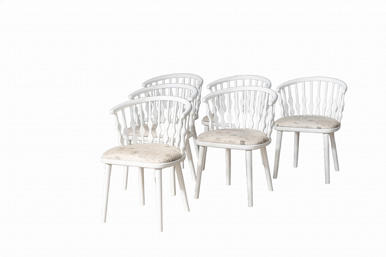 6 Chairs in white varnished beech and patterned fabric, 2000s 22