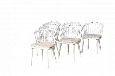 6 Chairs in white varnished beech and patterned fabric, 2000s
