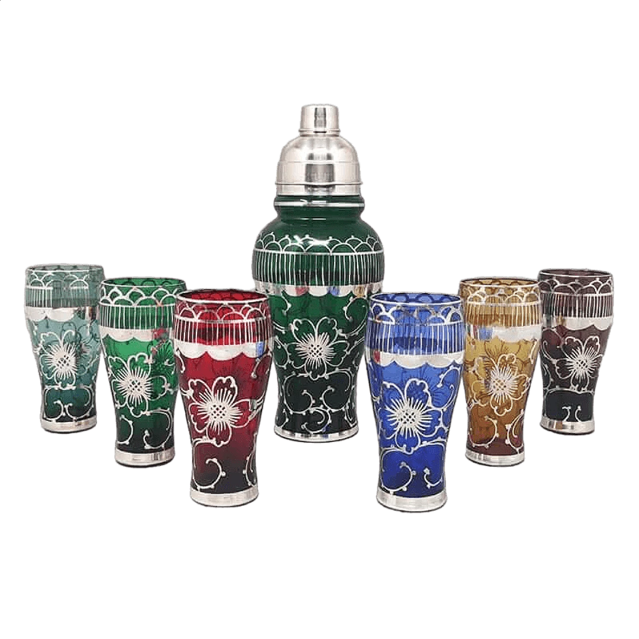 6 Tumblers and shaker in colored glass, 1960s | intOndo