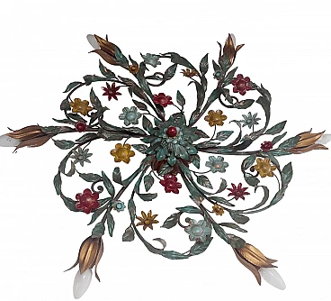 Toleware ceiling lamp with flowers and leaves, 1960s