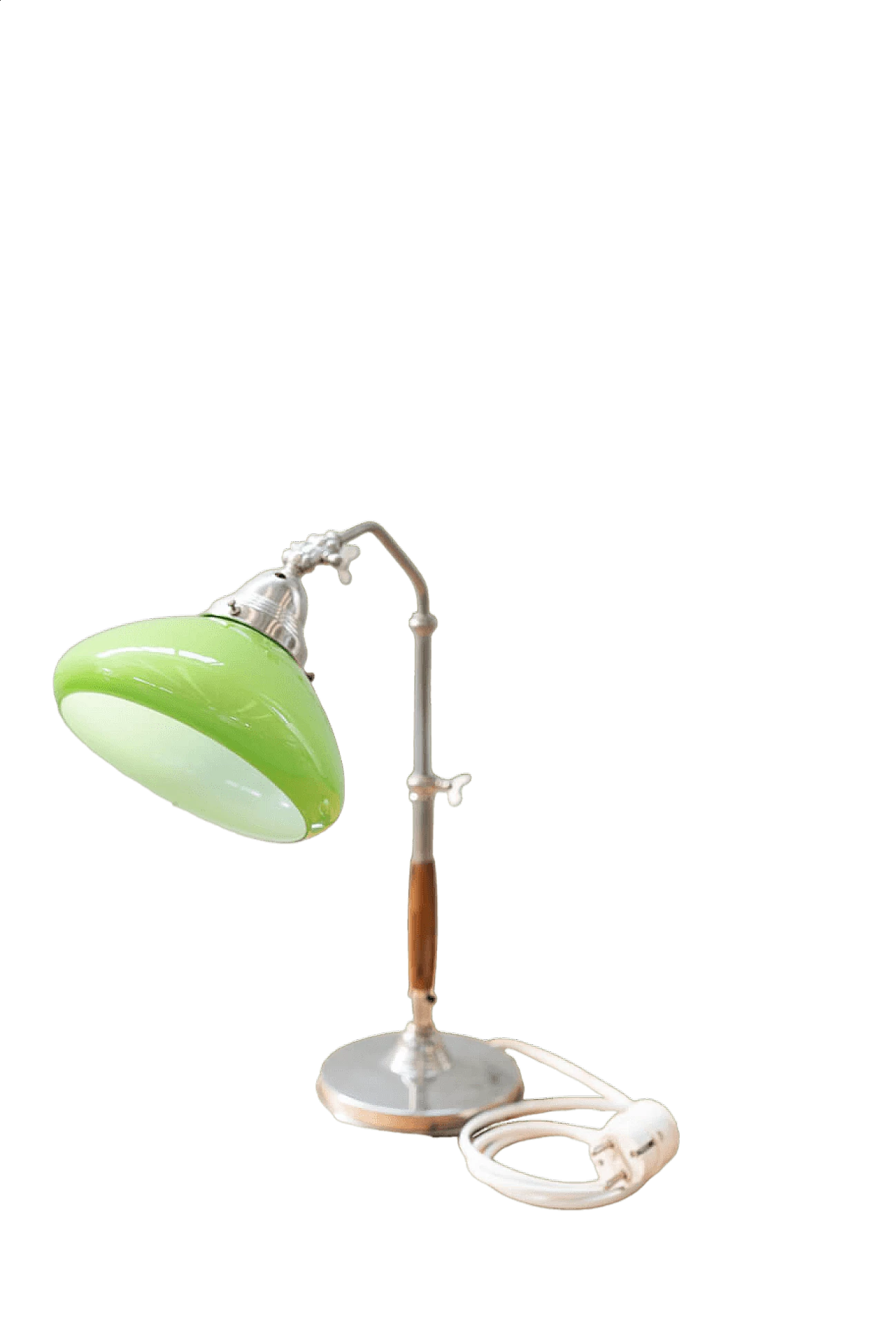 Lampada da tavolo in radica, metallo e vetro verde, anni '50 14