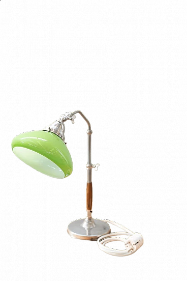 Lampada da tavolo in radica, metallo e vetro verde, anni '50
