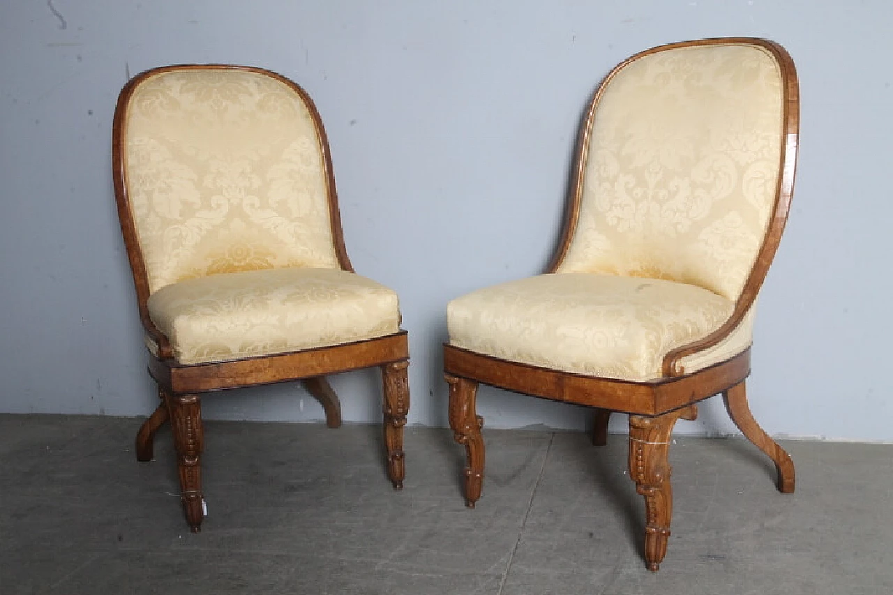 Pair of Charles X walnut and damask fabric chairs, mid-19th century 1