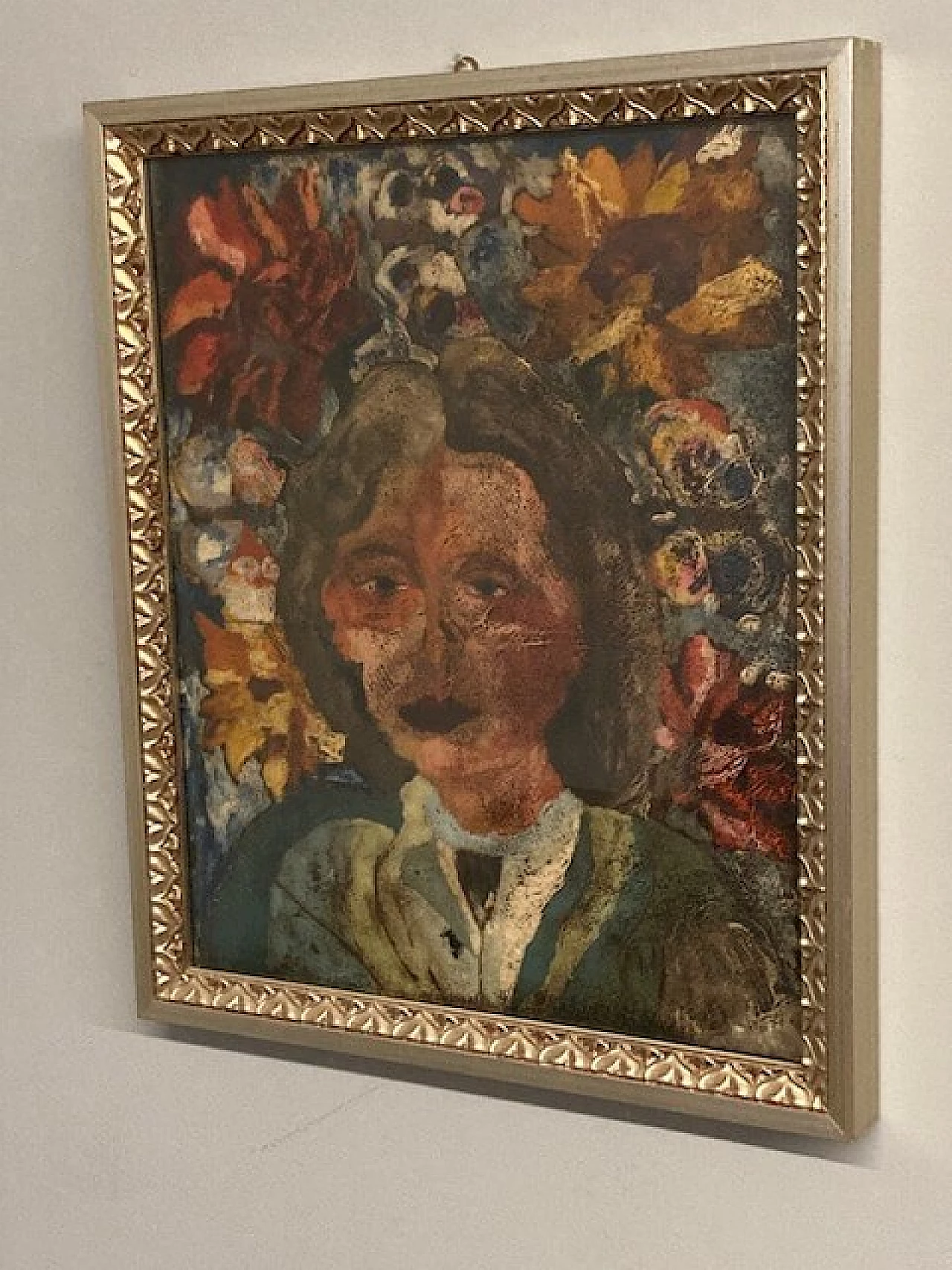 Giuseppe Serafini, volto di ragazza e fiori, dipinto a olio su cartone, anni '60 1