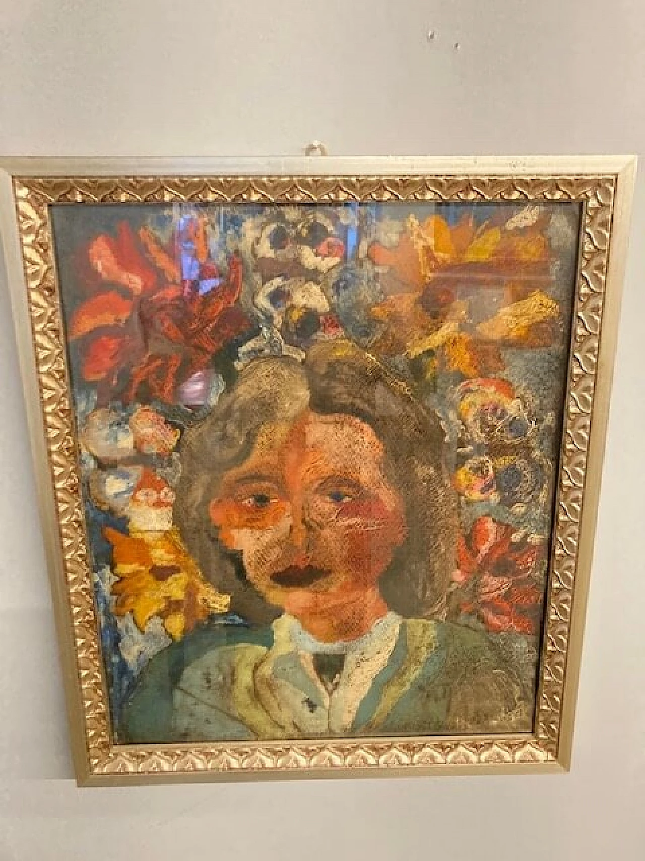 Giuseppe Serafini, volto di ragazza e fiori, dipinto a olio su cartone, anni '60 2