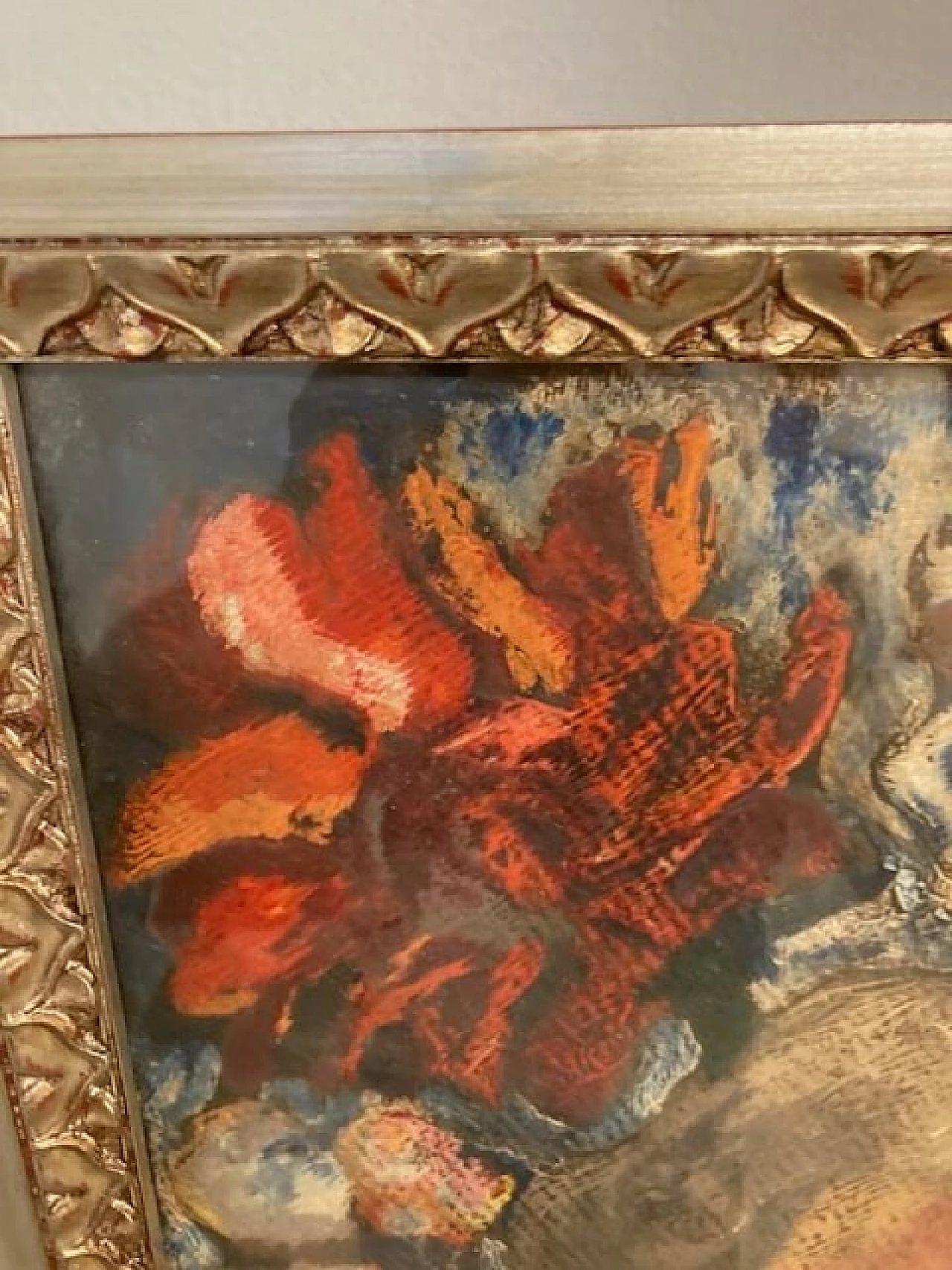 Giuseppe Serafini, volto di ragazza e fiori, dipinto a olio su cartone, anni '60 3