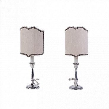 Pair of silver table lamps with embroidered lampshade