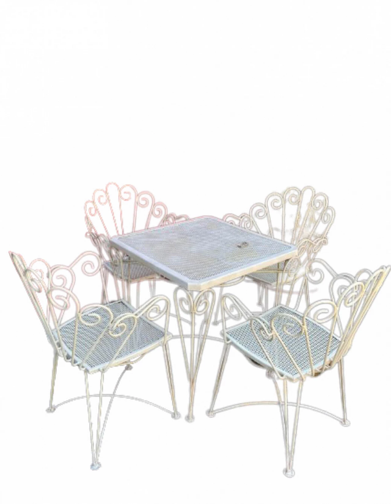 4 Sedie e tavolo da giardino in ferro verniciato bianco, anni '60 1