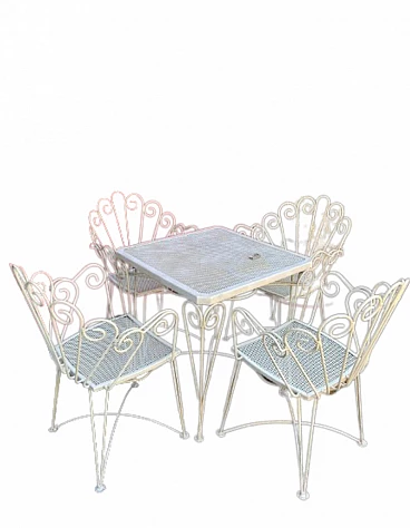 4 Chairs and garden table in white painted iron, 1960s