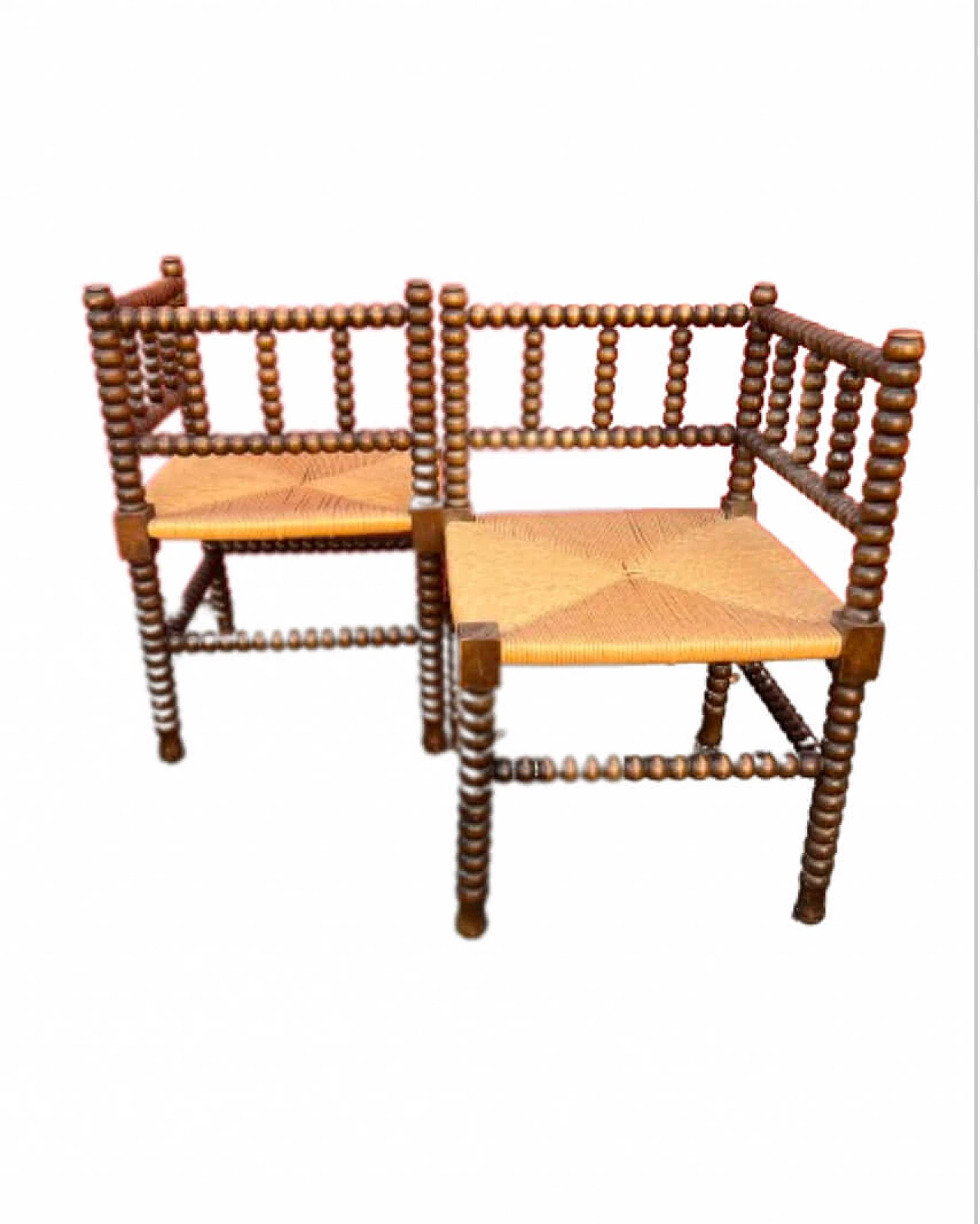 Coppia di poltrone modulari in legno e paglia, anni '50 1