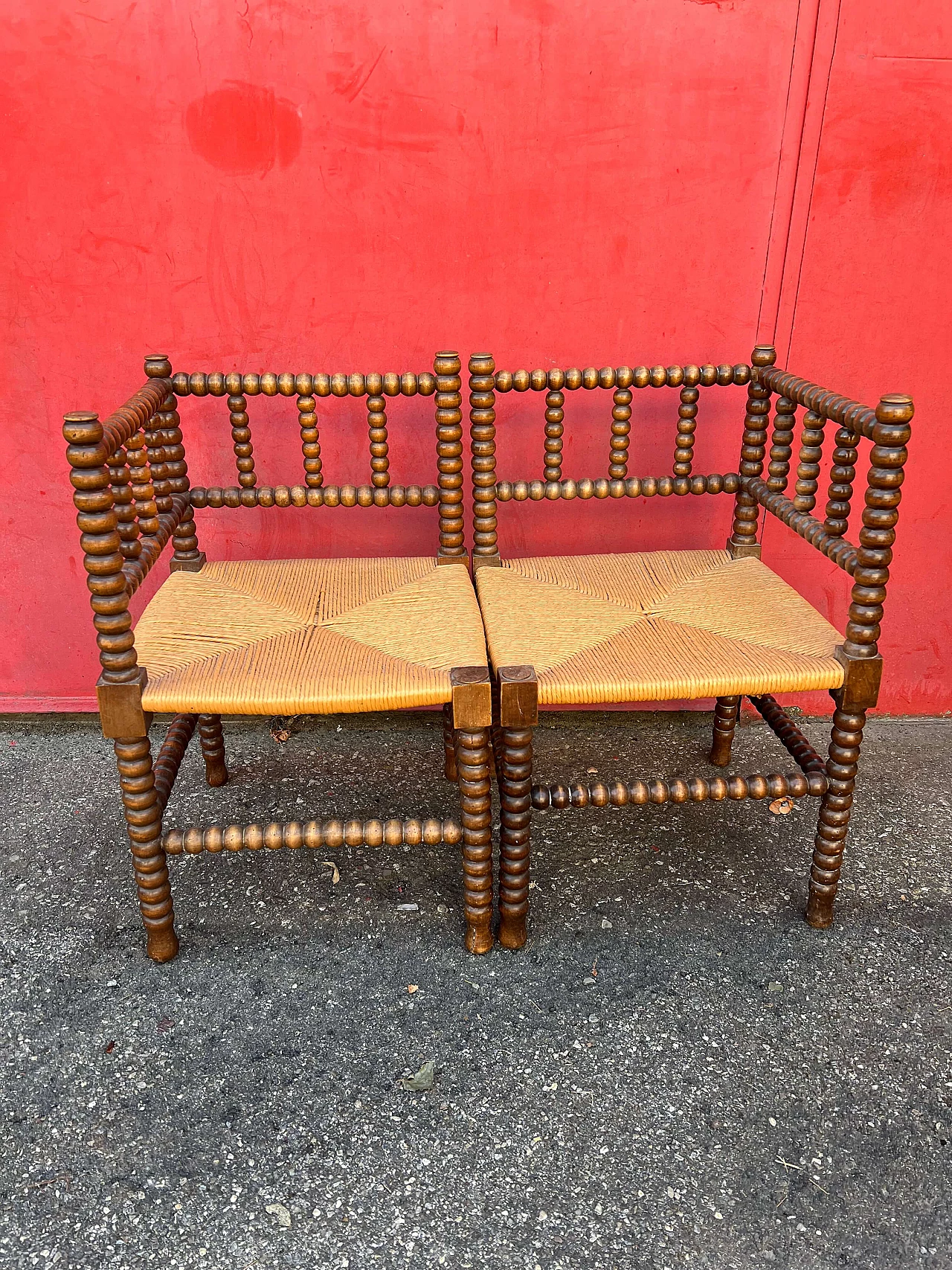 Coppia di poltrone modulari in legno e paglia, anni '50 2