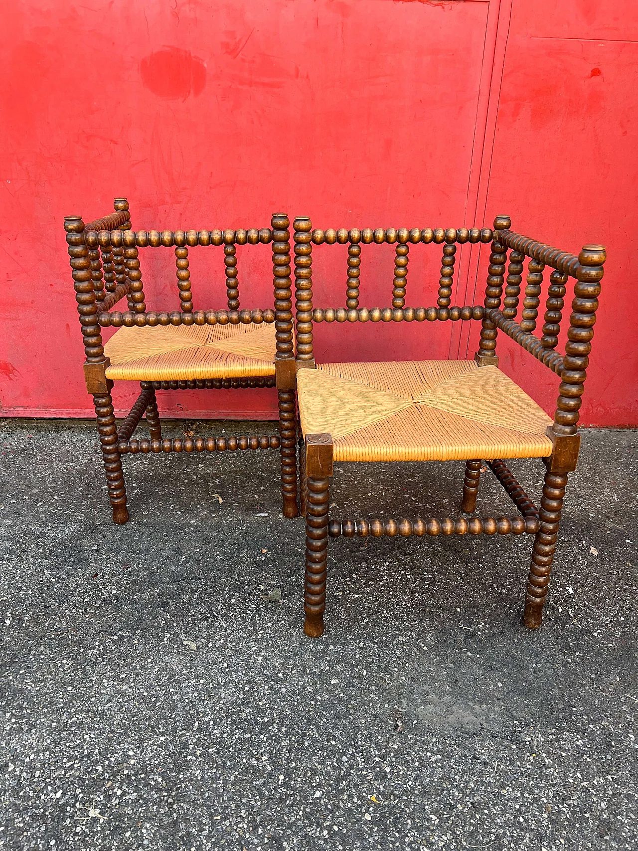 Coppia di poltrone modulari in legno e paglia, anni '50 3