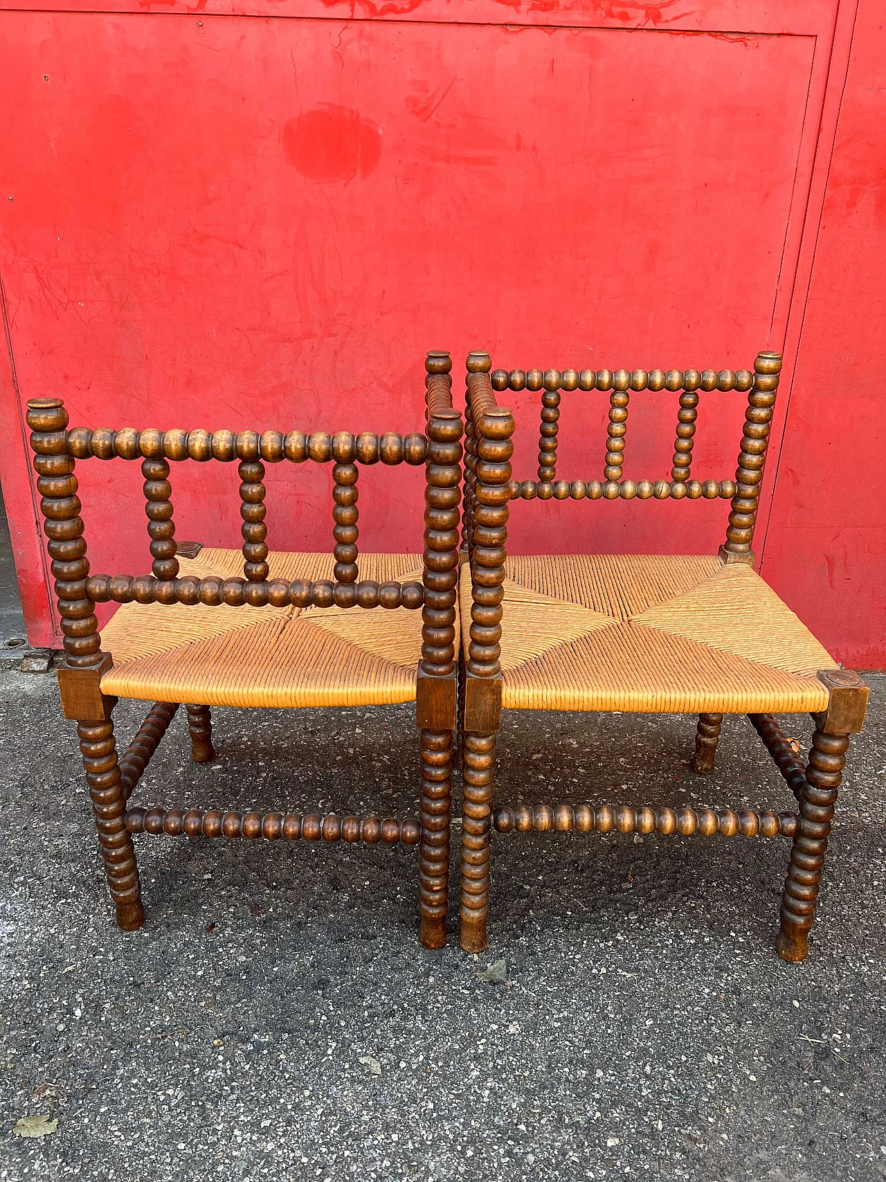 Coppia di poltrone modulari in legno e paglia, anni '50 4