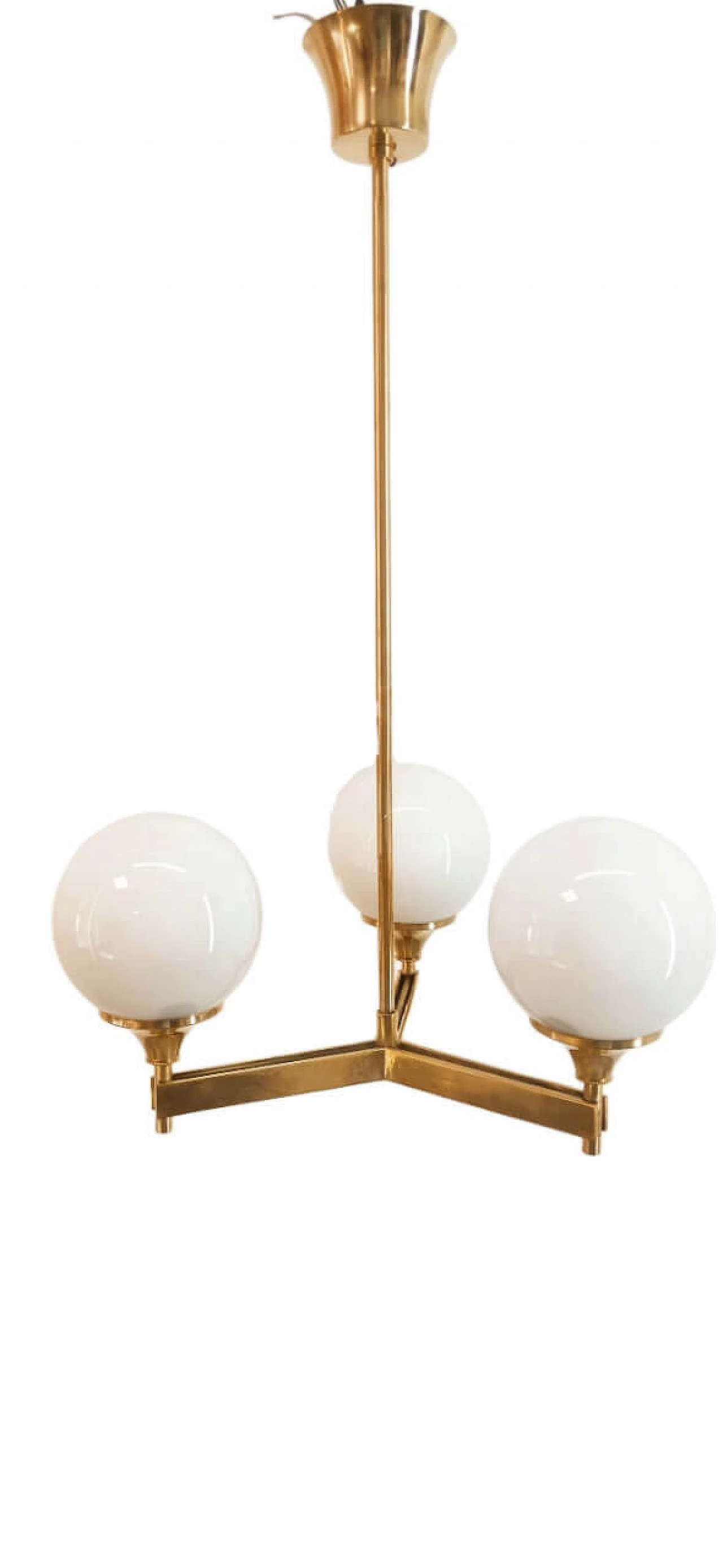 Three-light brass and shiny white glass chandelier, 1970s 13