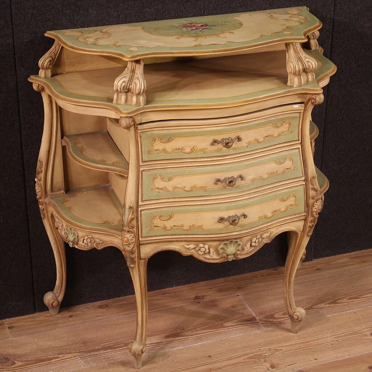 Venetian style lacquered, gilded and painted wood sideboard, 1970s 1