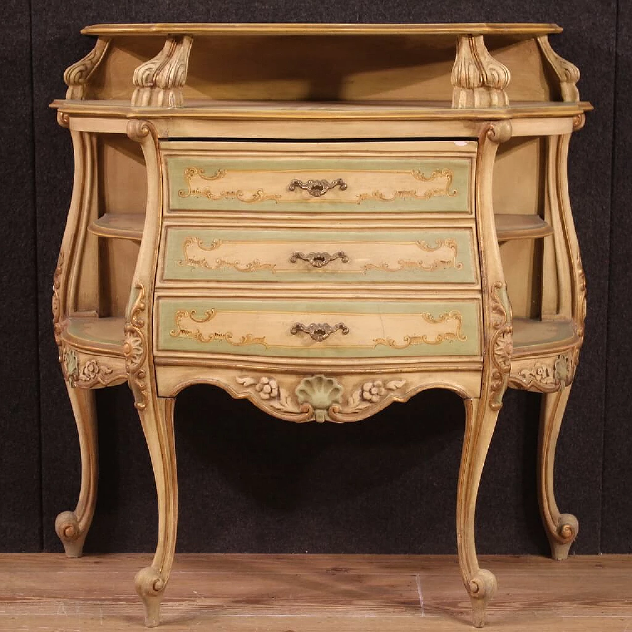 Credenza stile veneziano in legno laccato, dorato e dipinto, anni '70 3