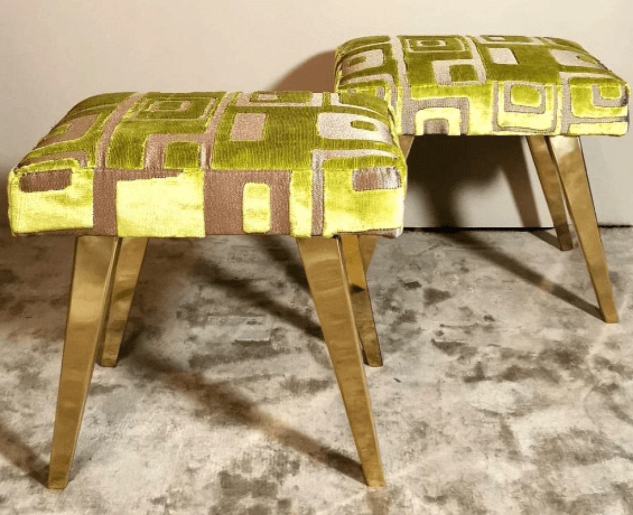 Pair of brass and fabric stools in the style of Paolo Buffa, 1960s 2