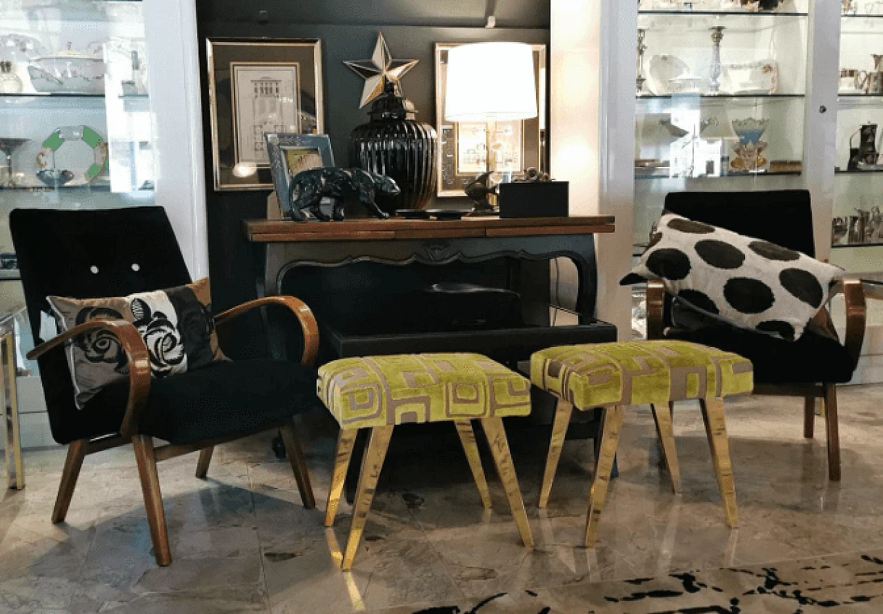 Pair of brass and fabric stools in the style of Paolo Buffa, 1960s 17