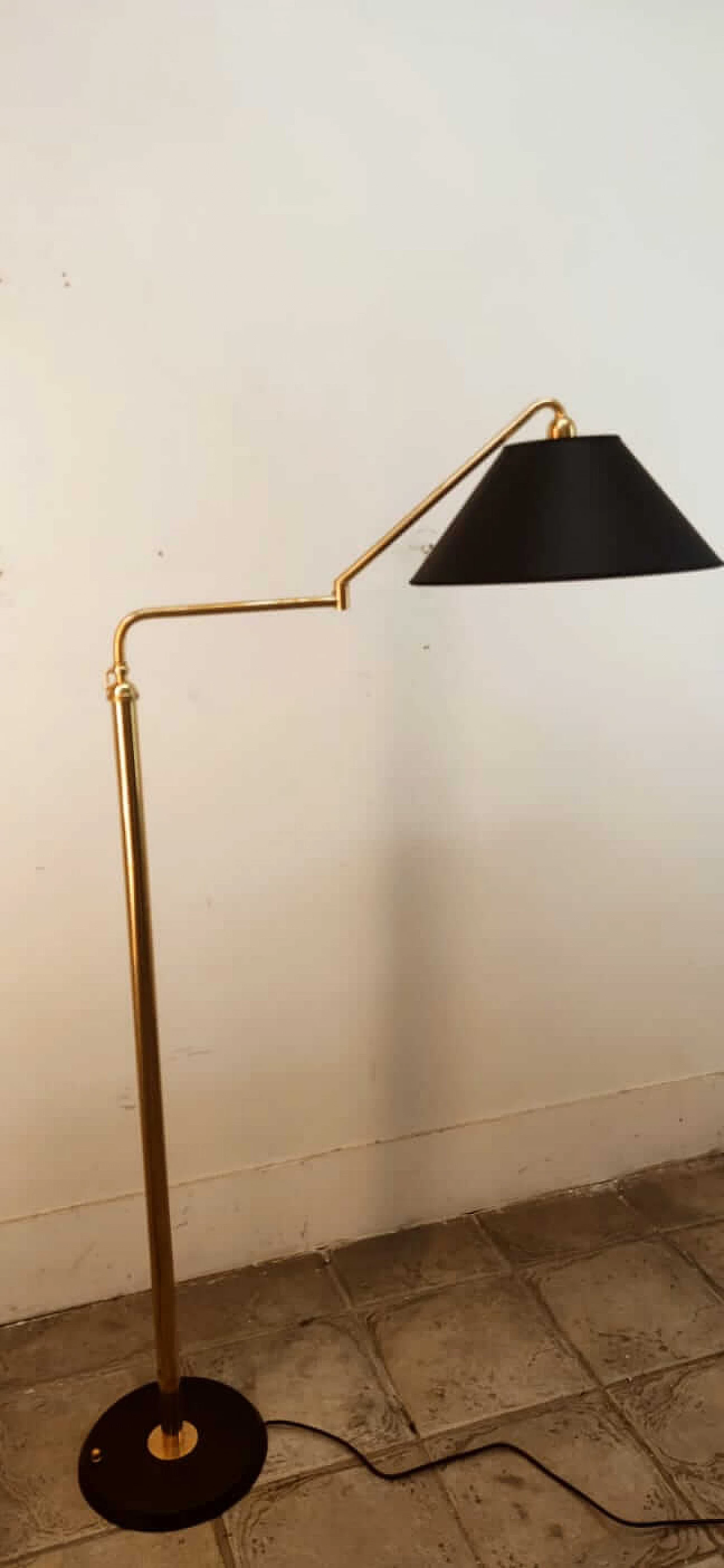 Adjustable brass floor lamp with black and gold shade, 1970s 1