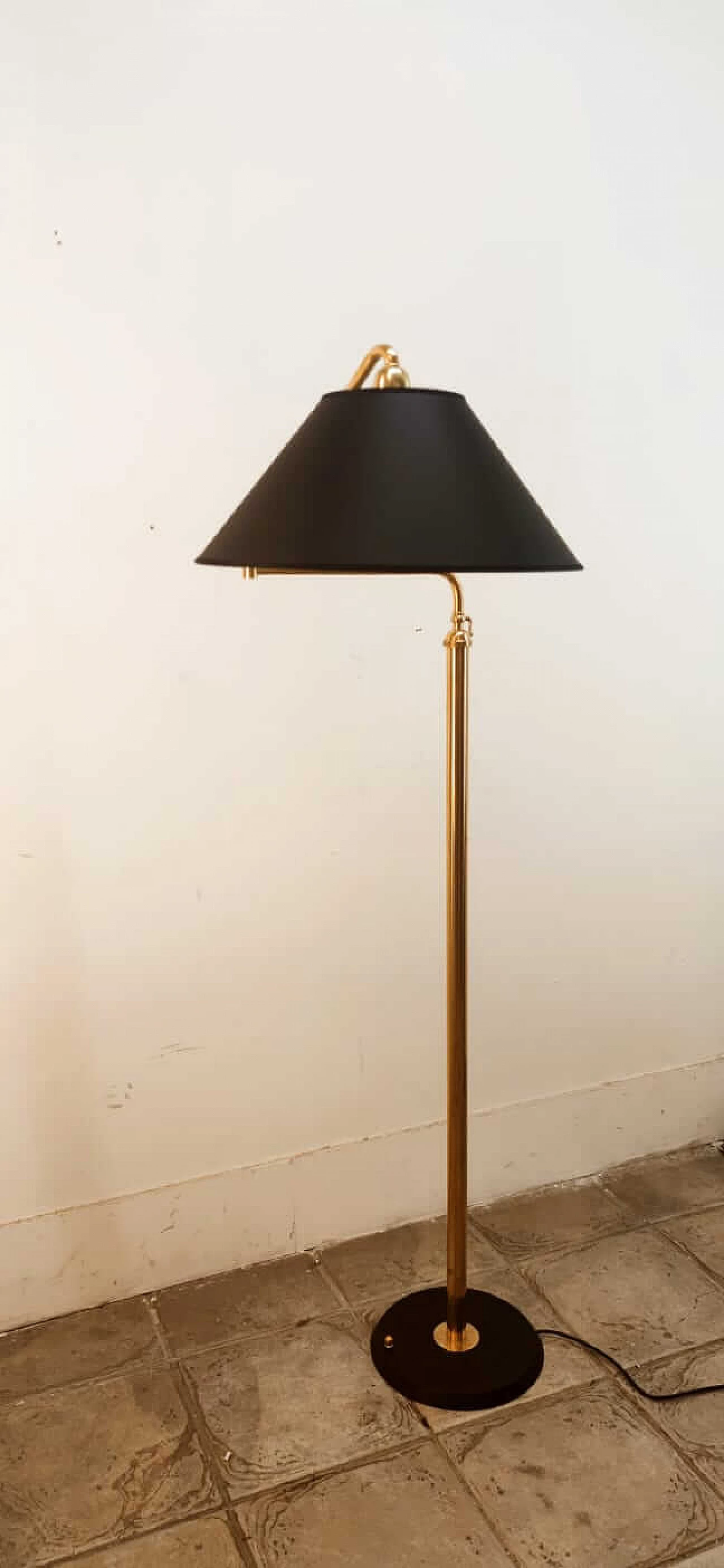 Adjustable brass floor lamp with black and gold shade, 1970s 2