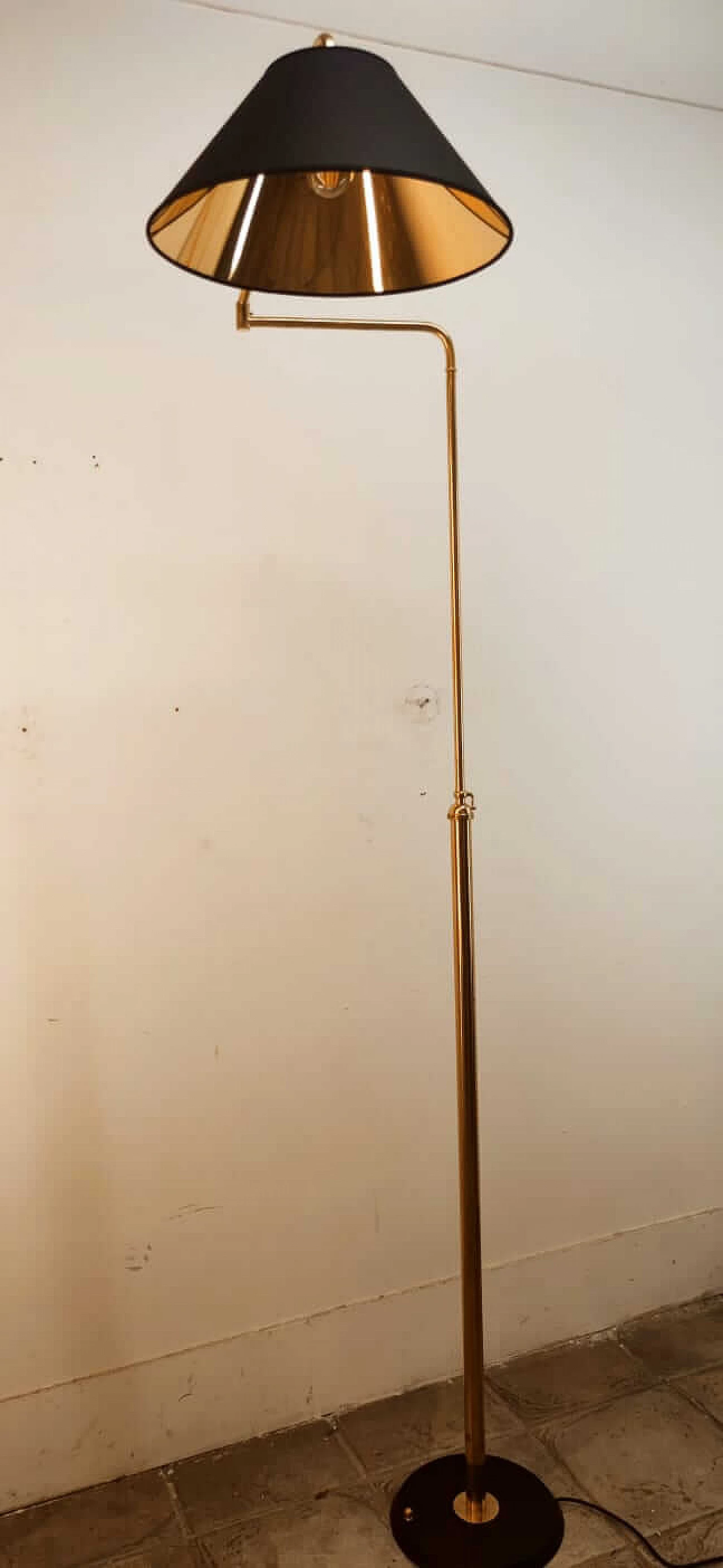 Adjustable brass floor lamp with black and gold shade, 1970s 3