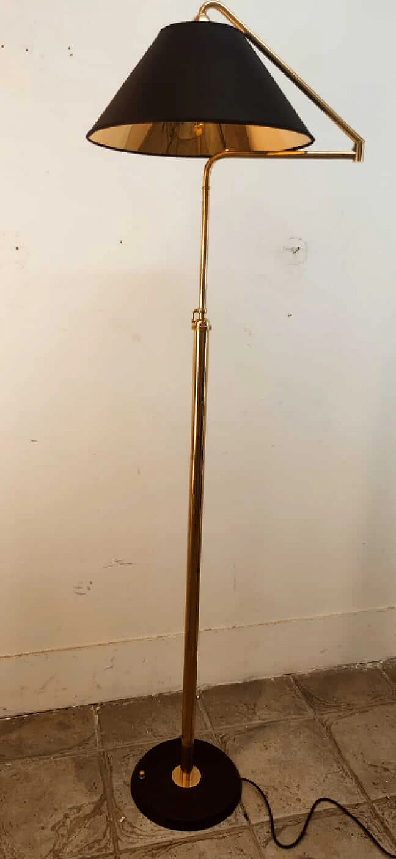 Adjustable brass floor lamp with black and gold shade, 1970s 13
