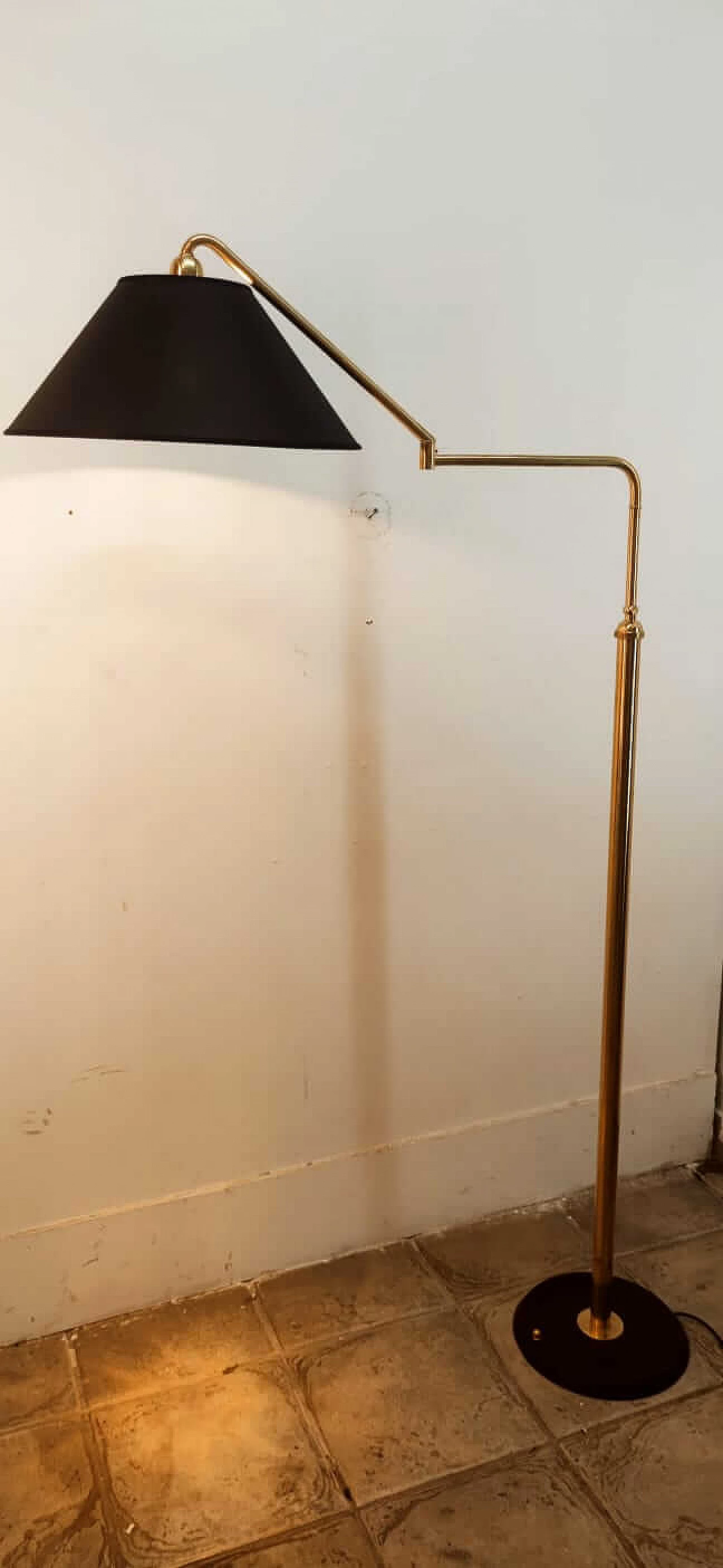 Adjustable brass floor lamp with black and gold shade, 1970s 18