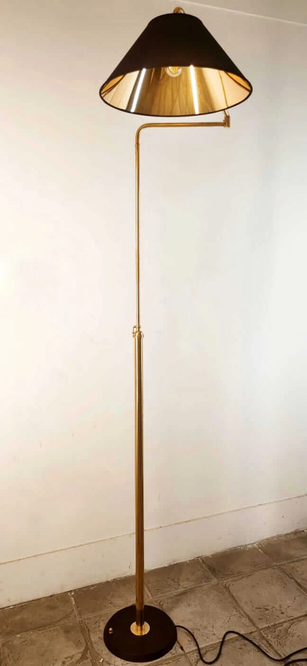 Adjustable brass floor lamp with black and gold shade, 1970s 24